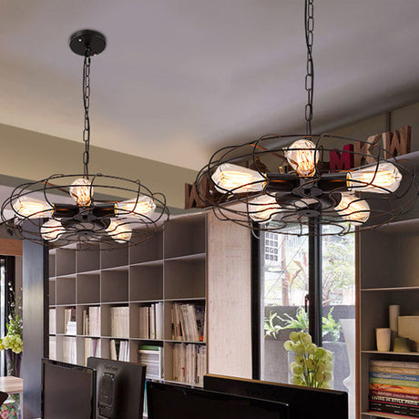 Vintage Round Cage Pendant Light With 5 Bulbs - Wrought Iron Chandelier Lamp In Black/Rust Rust /