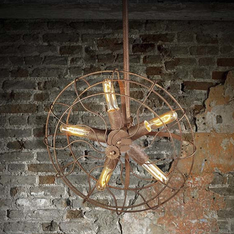 Rustic Wrought Iron Farmhouse Ceiling Light: Fan Shape Wire Frame With 5-Bulb Dark Rust Chandelier