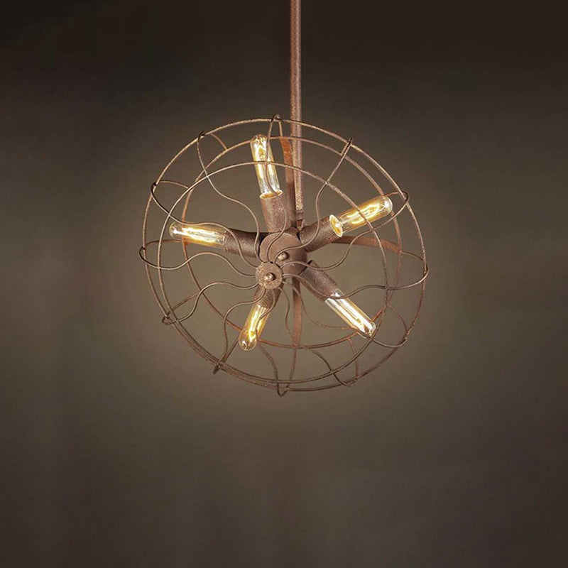 Rustic Farmhouse Ceiling Fan Light: Wire Frame Shape 5 Bulbs Wrought Iron Dark Rust Chandelier Lamp