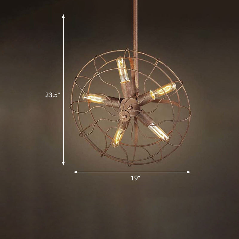 Rustic Farmhouse Ceiling Fan Light: Wire Frame Shape 5 Bulbs Wrought Iron Dark Rust Chandelier Lamp