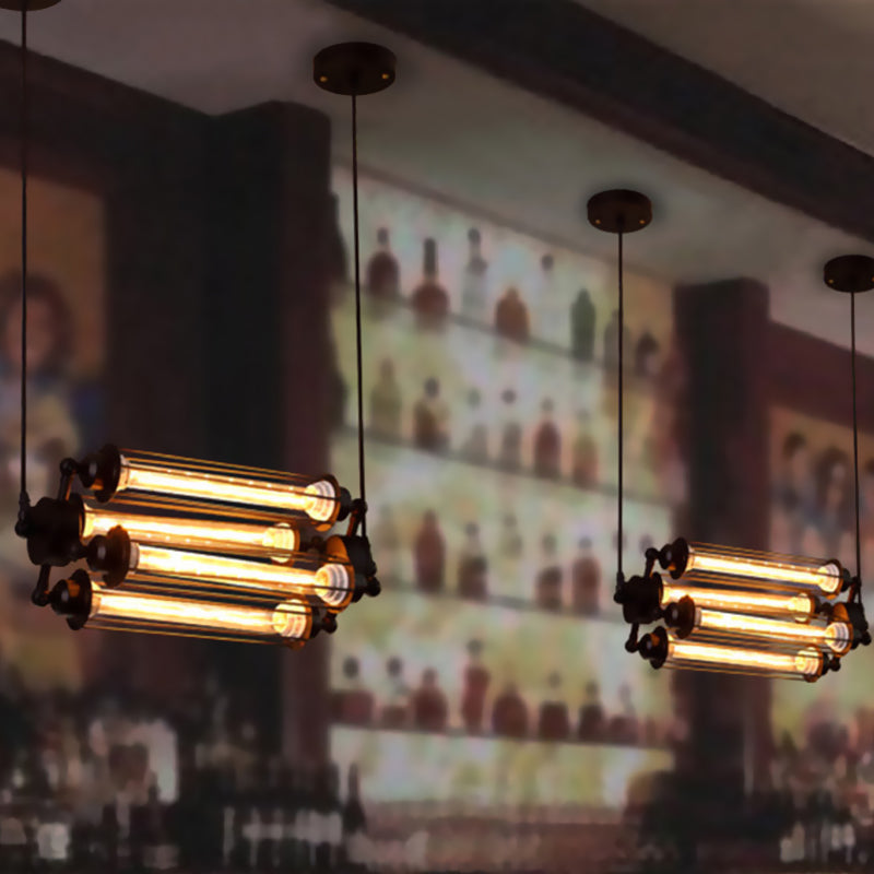 Lustre à 4 lumières de style industriel avec abat-jour en forme de cage tubulaire - Lampe suspendue d'intérieur verticale/horizontale en noir
