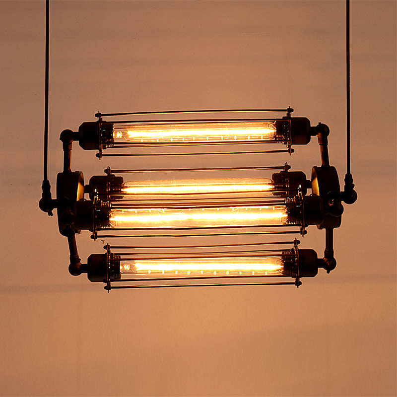 Lustre à 4 lumières de style industriel avec abat-jour en forme de cage tubulaire - Lampe suspendue d'intérieur verticale/horizontale en noir