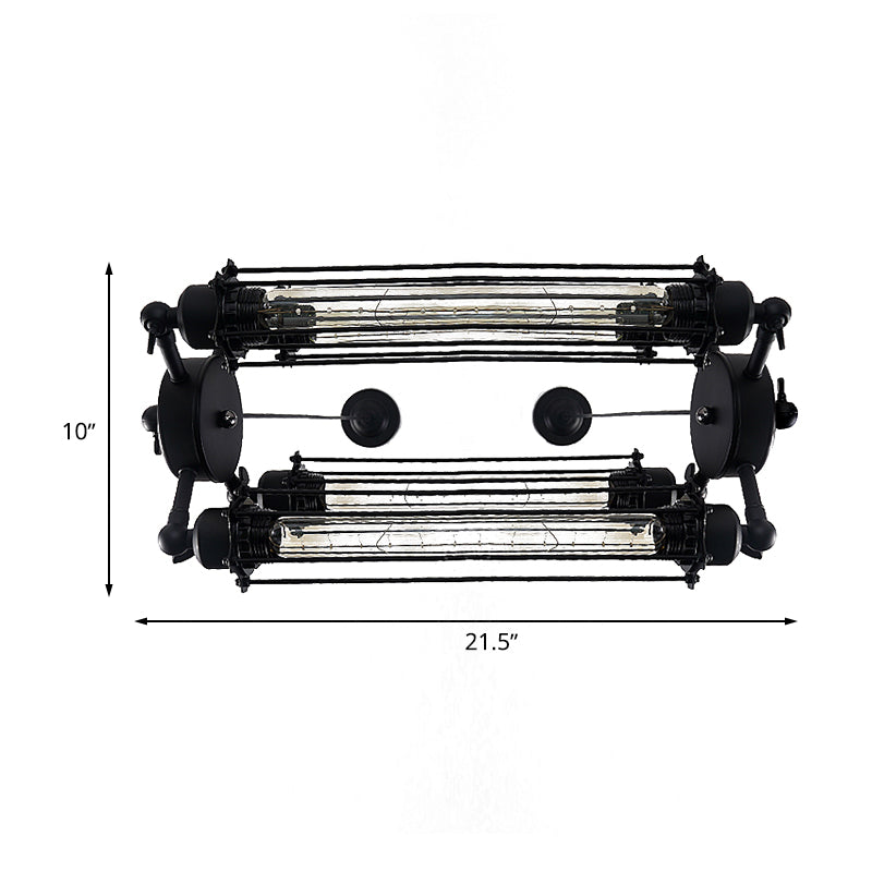 Lustre à 4 lumières de style industriel avec abat-jour en forme de cage tubulaire - Lampe suspendue d'intérieur verticale/horizontale en noir