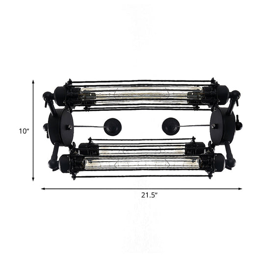 Lustre à 4 lumières de style industriel avec abat-jour en forme de cage tubulaire - Lampe suspendue d'intérieur verticale/horizontale en noir