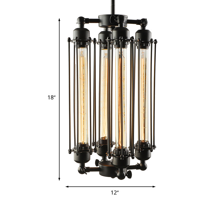 Lustre à 4 lumières de style industriel avec abat-jour en forme de cage tubulaire - Lampe suspendue d'intérieur verticale/horizontale en noir