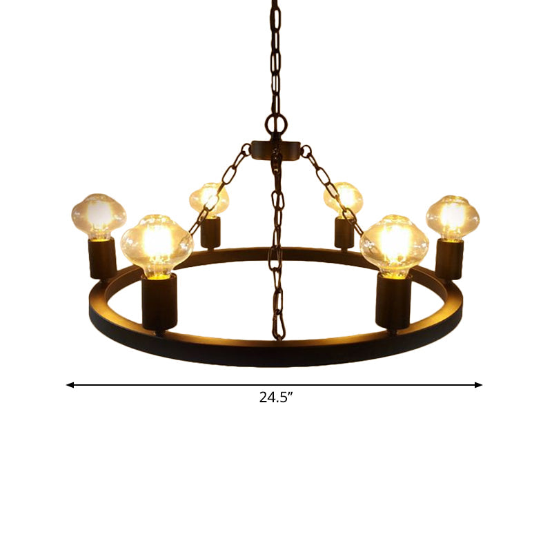 Farmhouse 6-Bulb Ring Chandelier Lamp In Black - Exposed Bulb Metallic Ceiling Lighting For Living