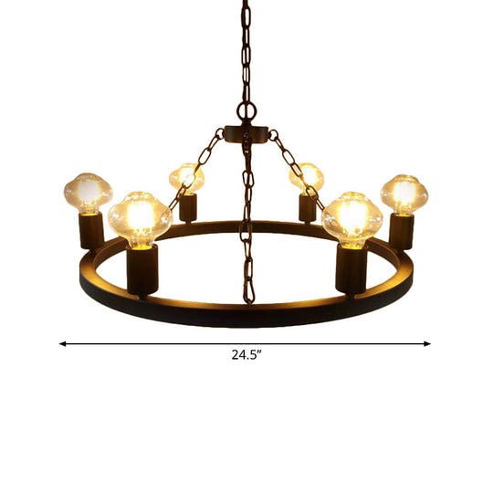 Farmhouse 6-Bulb Ring Chandelier Lamp In Black - Exposed Bulb Metallic Ceiling Lighting For Living