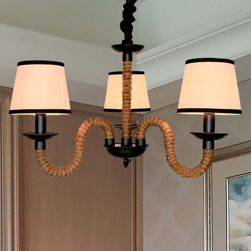 Loft Style Beige Pendant Light With Rope Detail - 3-Light Conic Shade Fabric Ceiling Fixture