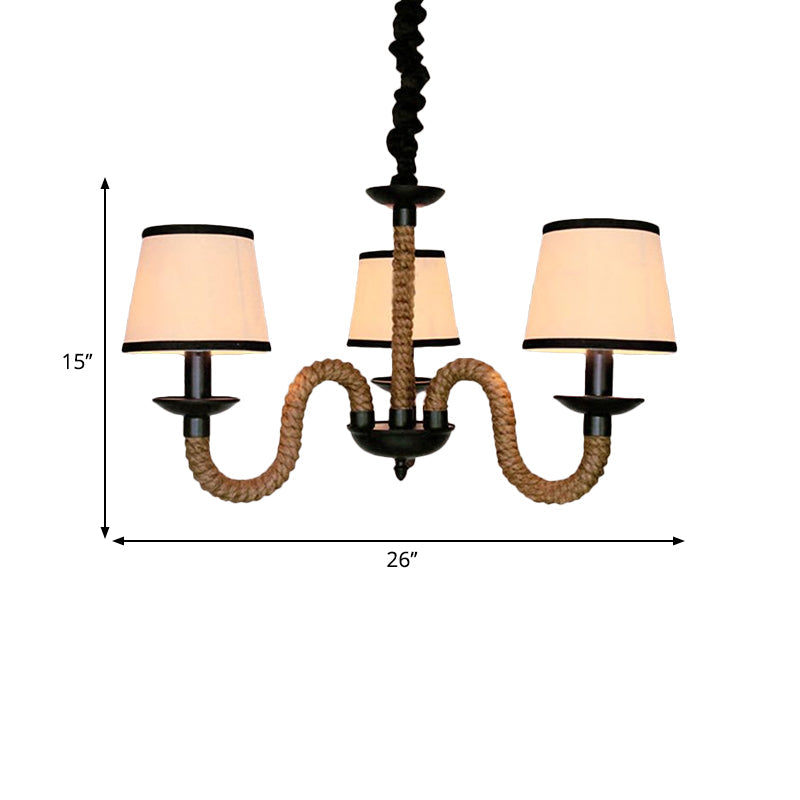 Loft Style Beige Pendant Light With Rope Detail - 3-Light Conic Shade Fabric Ceiling Fixture