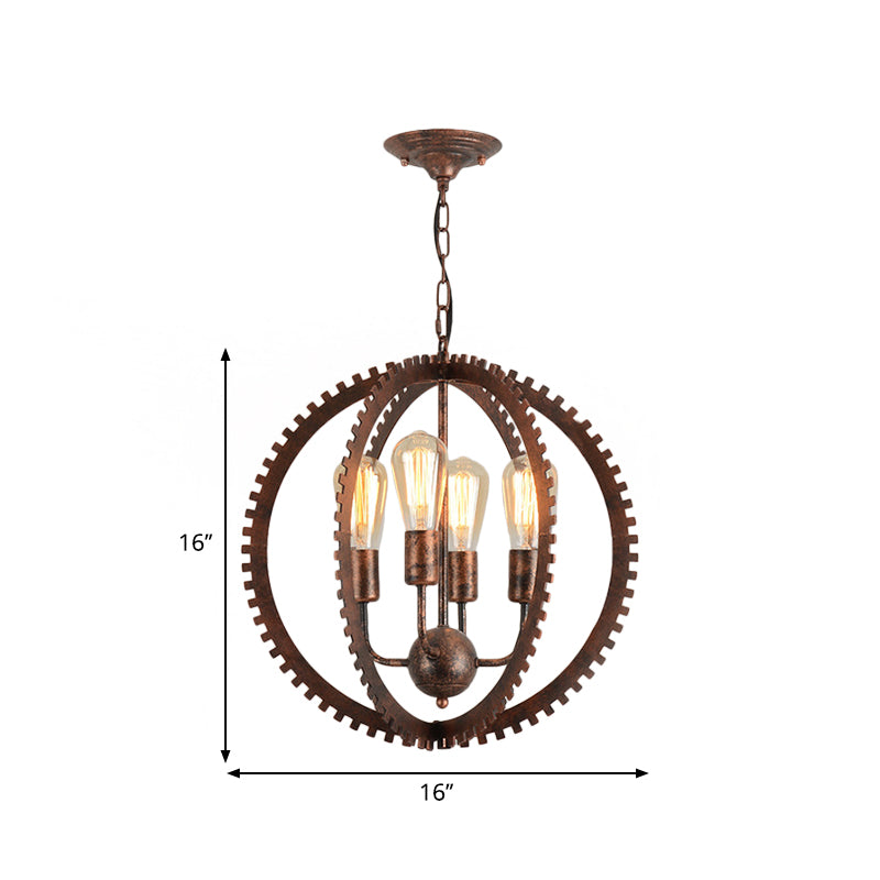 Rustic Industrial Circle Frame Chandelier Light Fixture W/ 4 Heads Black/Rust Iron Gear Design