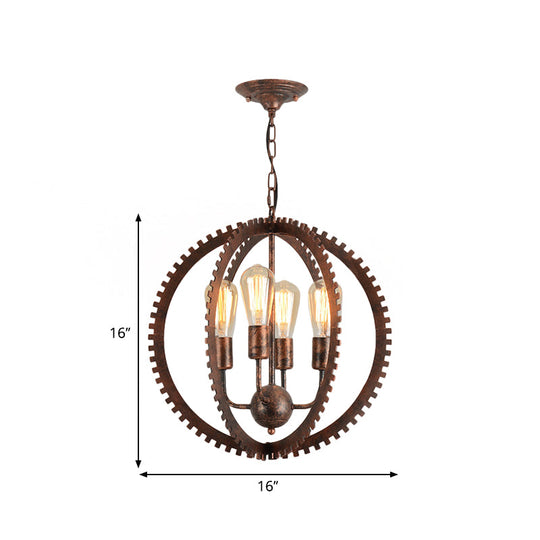 Rustic Industrial Circle Frame Chandelier Light Fixture W/ 4 Heads Black/Rust Iron Gear Design