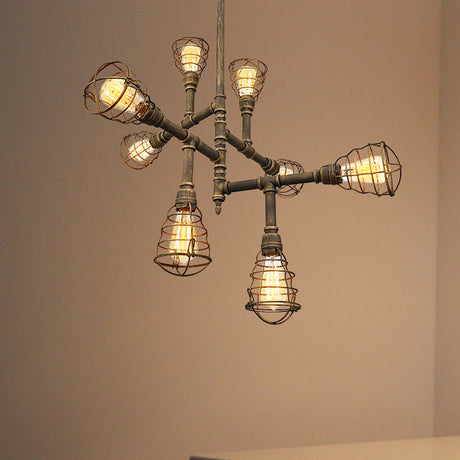 Vintage Bronze Iron Wire Cage Chandelier Lamp With Pipe Design - 8/12 Heads Stylish Hanging Light