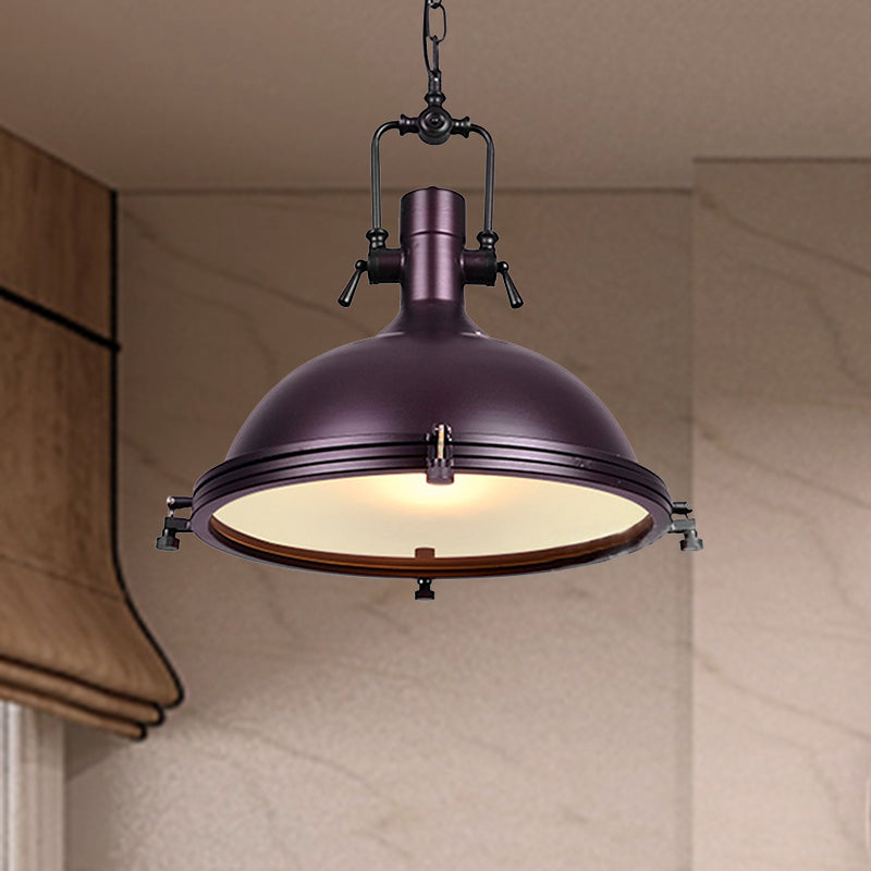 Industrial Dome Hanging Lamp With Frosted Diffuser 1 Light Metal Ceiling In Black/White/Purple For