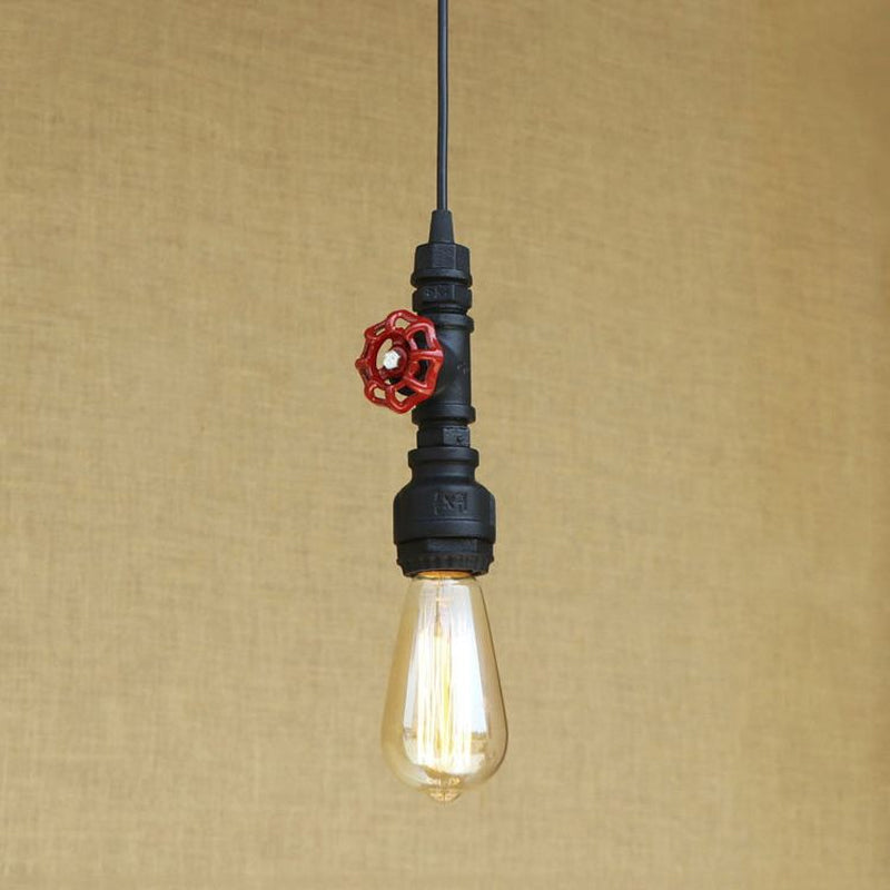 Rustic Pipe Hanging Lamp: Farmhouse Style Wrought Iron Light Fixture With Red Valve -