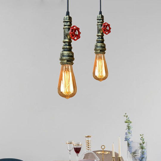 Rustic Pipe Hanging Lamp: Farmhouse Style Wrought Iron Light Fixture With Red Valve -