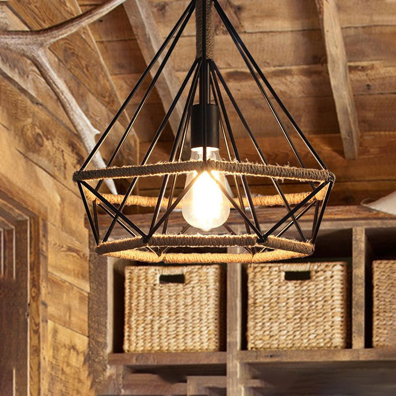 Caged Diamond Pendant Light In Vintage Metal & Rope With Adjustable Cord For Dining Room