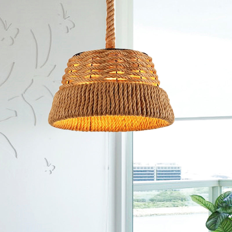 Countryside Beige Cone Pendant Light With Natural Rope For Dining Room