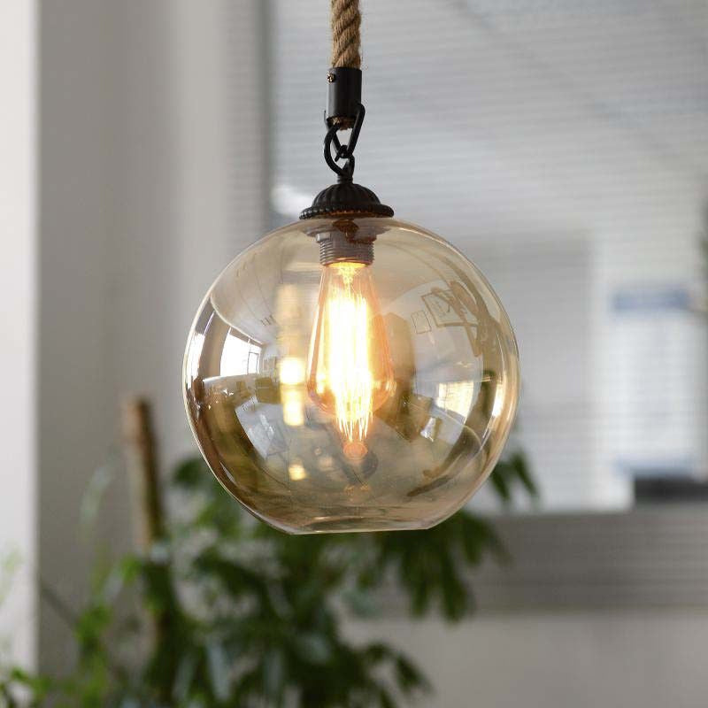 Vintage Style Amber Glass Pendant Light With Hanging Rope For Restaurants / 8’
