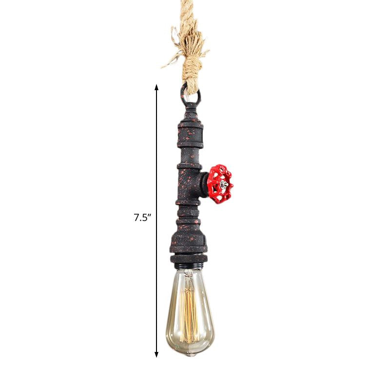 Antique Rust Metal & Rope Warehouse Pendant Light - Adjustable Ceiling Fixture With Bare Bulb