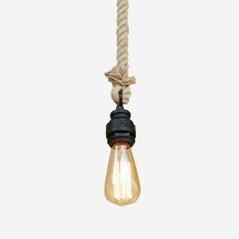 Farmhouse Style Black Metal & Rope Pendant Light With Exposed Bulb