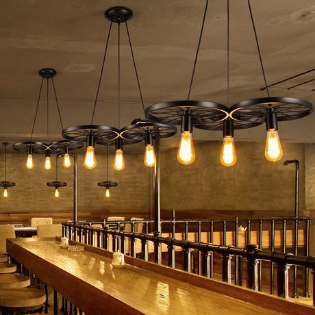 Industrial Black/Rust Metal Hanging Light With Vintage Bare Bulb Design - 3/6/8 Heads Ceiling