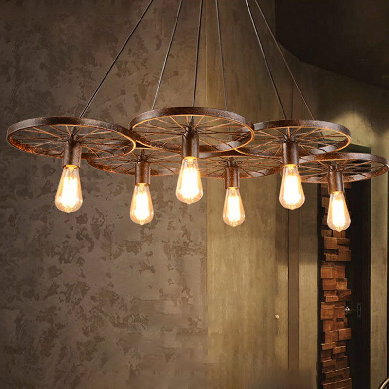 Vintage Industrial Hanging Light With Wheel Design And Multiple Heads - Black/Rust Metal Ceiling