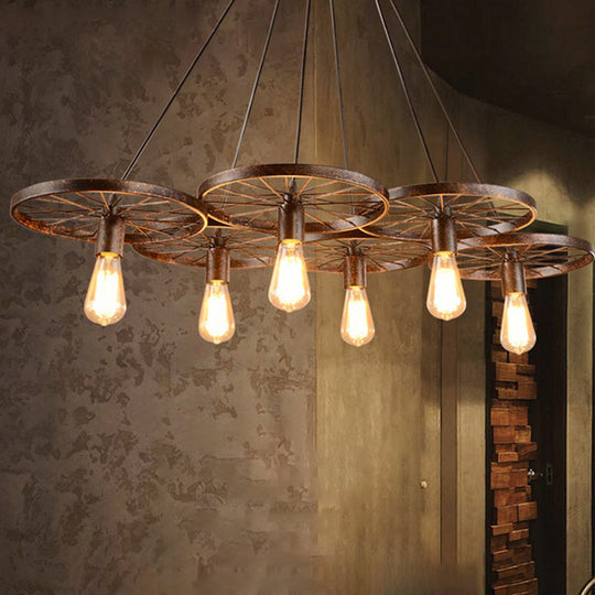 Vintage Industrial Hanging Light With Wheel Design And Multiple Heads - Black/Rust Metal Ceiling