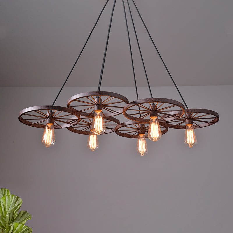 Industrial Black/Rust Metal Hanging Light With Vintage Bare Bulb Design - 3/6/8 Heads Ceiling