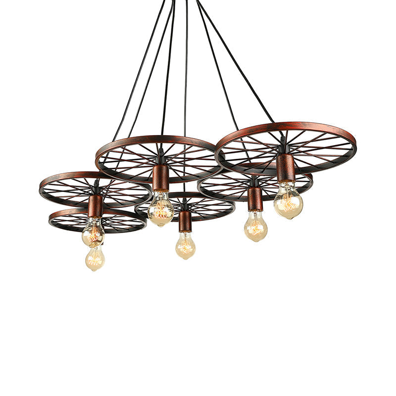 Vintage Industrial Hanging Light With Wheel Design And Multiple Heads - Black/Rust Metal Ceiling