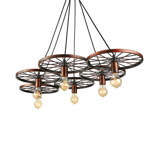 Vintage Industrial Hanging Light With Wheel Design And Multiple Heads - Black/Rust Metal Ceiling