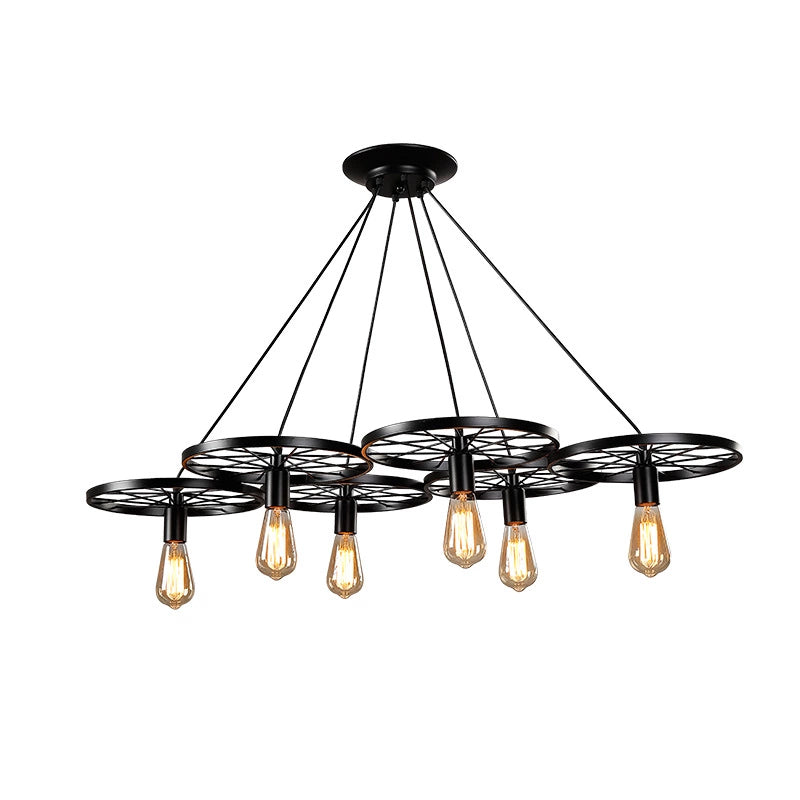 Vintage Industrial Hanging Light With Wheel Design And Multiple Heads - Black/Rust Metal Ceiling
