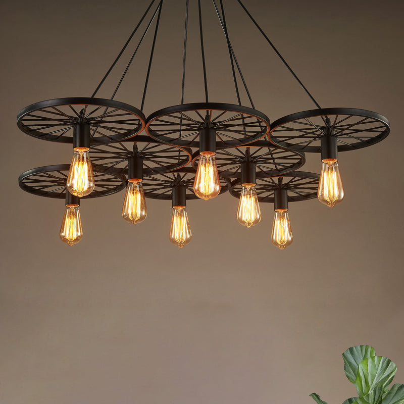 Vintage Industrial Hanging Light With Wheel Design And Multiple Heads - Black/Rust Metal Ceiling