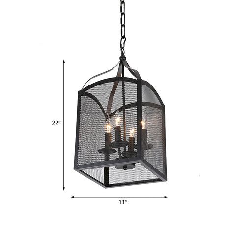 Vintage Style 4/5 Lights Caged Pendant With Adjustable Mesh Screen - Black Metal Ceiling Lamp
