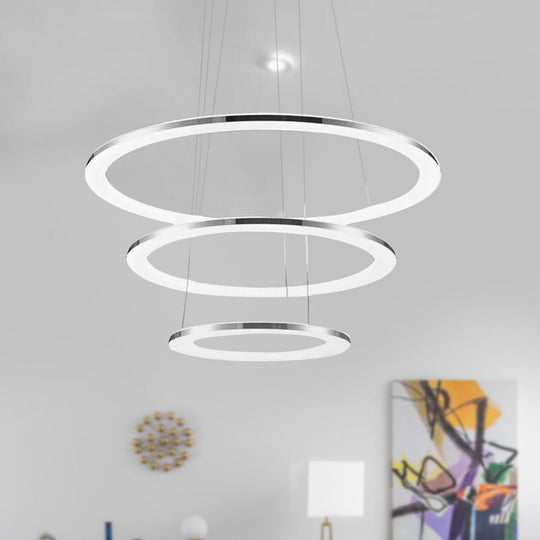 Contemporary Led Acrylic Round Ceiling Pendant Chandelier - 1/2/3-Head Silver Warm/White Light