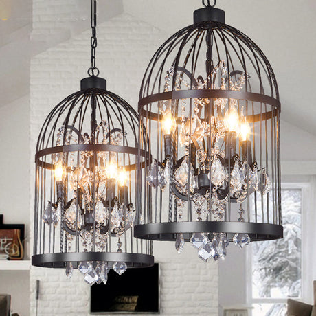 Vintage Style 4-Head Birdcage Chandelier: Black/White/Rust Iron Hanging Lamp With Candle & Crystal
