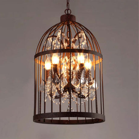 Vintage Style 4-Head Birdcage Chandelier: Black/White/Rust Iron Hanging Lamp With Candle & Crystal