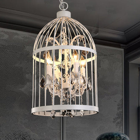 Vintage Style 4-Head Birdcage Chandelier: Black/White/Rust Iron Hanging Lamp With Candle & Crystal
