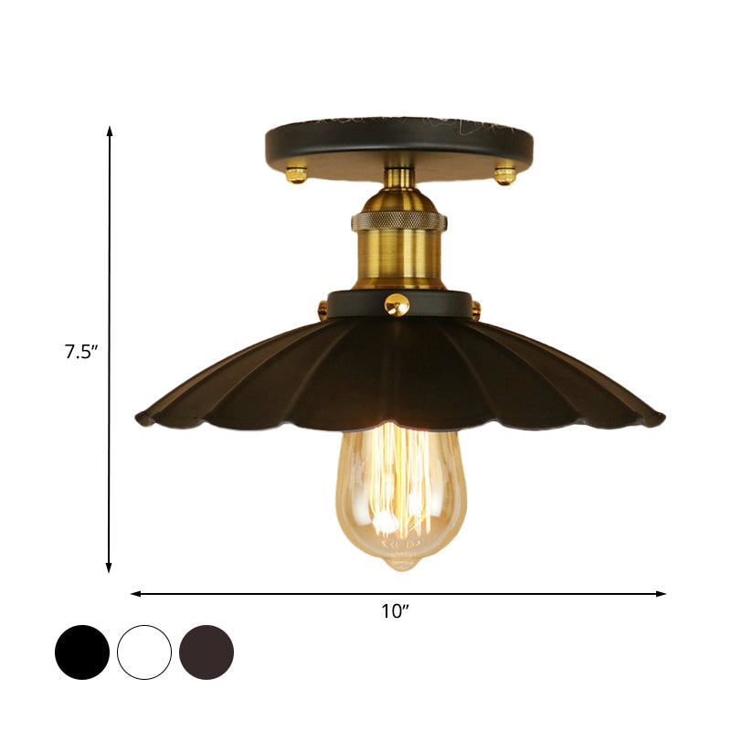 Vintage Style Scalloped Edge Balcony Semi Flush Ceiling Light In Black/Rust With 1 Metal Fixture