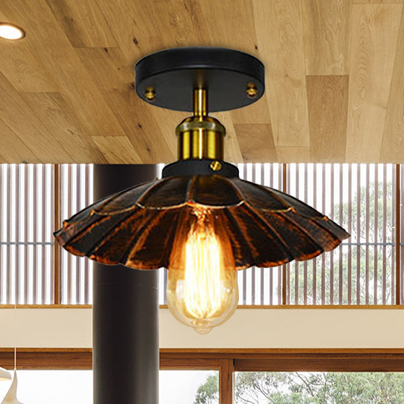 Vintage Style Scalloped Edge Balcony Semi Flush Ceiling Light In Black/Rust With 1 Metal Fixture