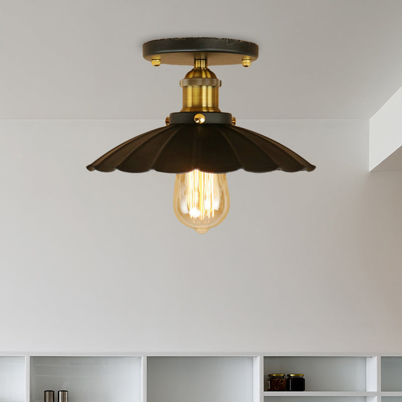 Loft Style Black Scalloped Edge Semi Flush Mount Light - 2 Lights Metal Ceiling Mounted Indoor