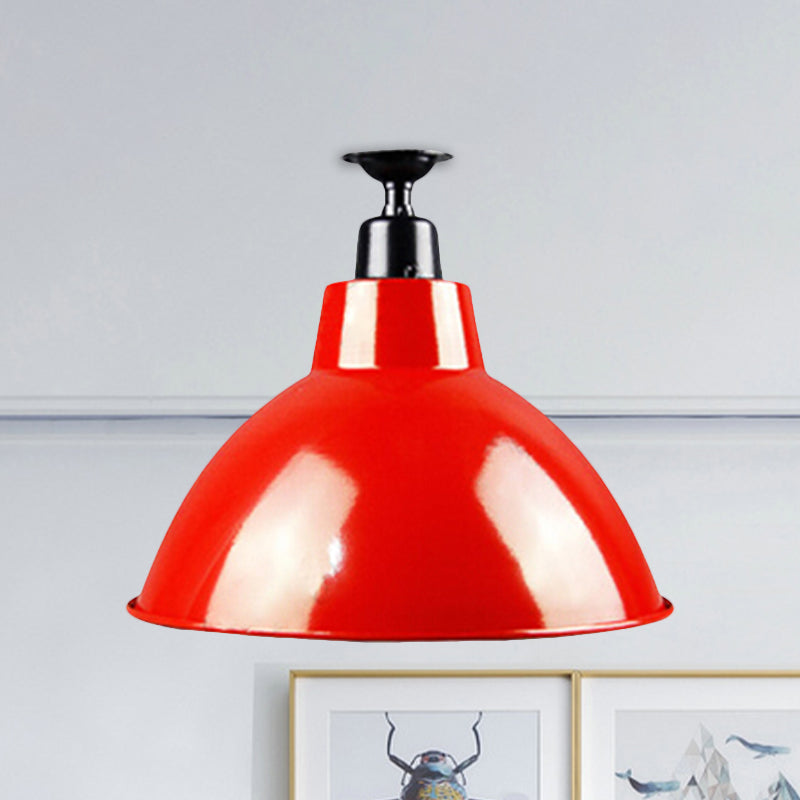 Red Metallic Ceiling Light Fixture - Vintage Dome Semi Flush Mount Ideal For Restaurants
