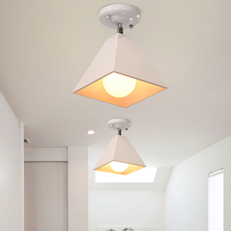 Vintage Style Semi Flush Mount Ceiling Light For Corridor - Black/White Metallic 1/3-Bulb Pyramid