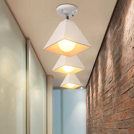Vintage Style Semi Flush Mount Ceiling Light For Corridor - Black/White Metallic 1/3-Bulb Pyramid