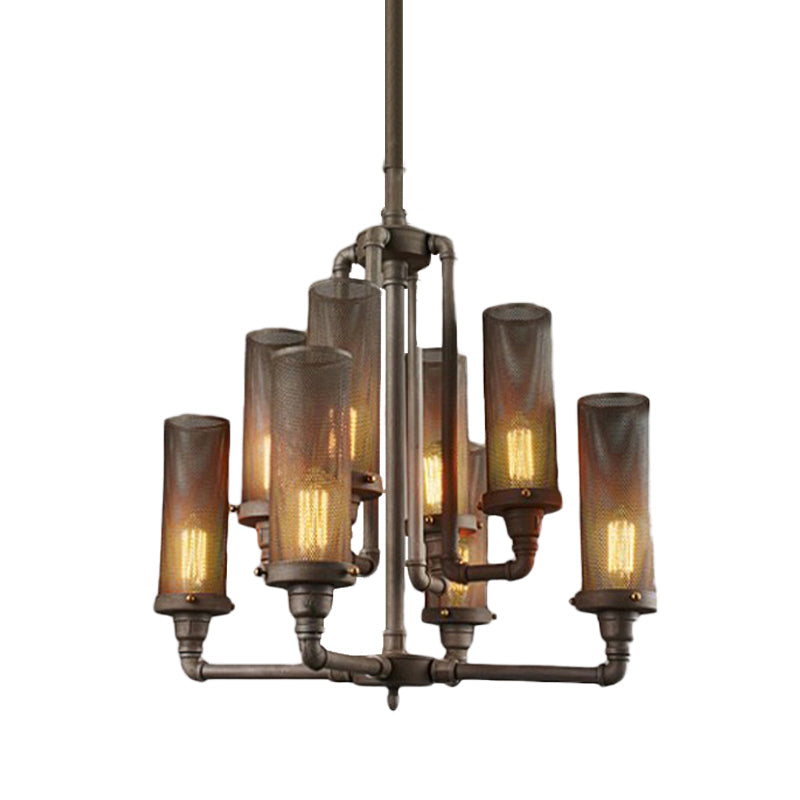Farmhouse Style Pewter Iron Chandelier With Tube Hanging Lamp - 3/5/8 Lights Cylinder Mesh Shade