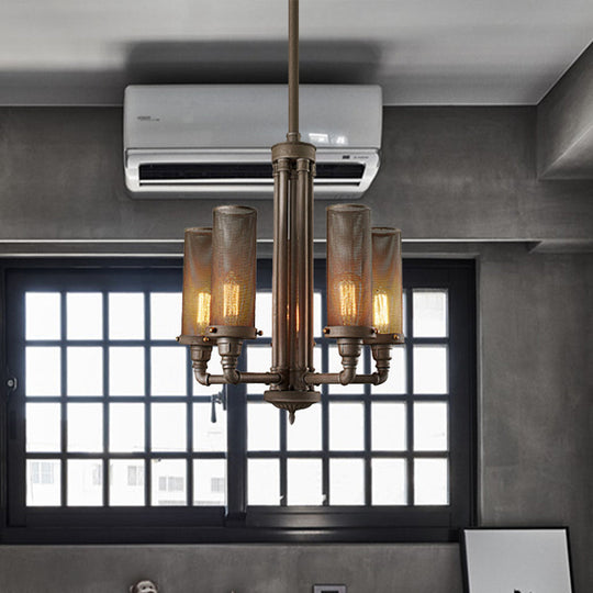 Farmhouse Style Pewter Iron Chandelier With Tube Hanging Lamp - 3/5/8 Lights Cylinder Mesh Shade