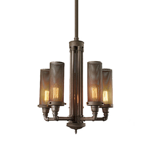 Farmhouse Style Pewter Iron Chandelier With Tube Hanging Lamp - 3/5/8 Lights Cylinder Mesh Shade