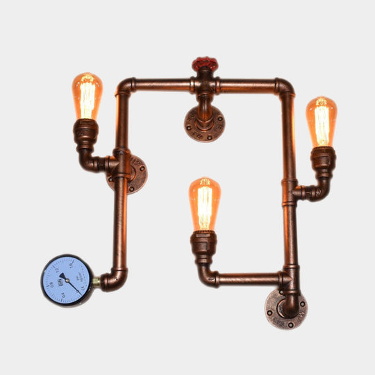 Industrial Copper Finish 3-Head Iron Sconce Light - Twisted Living Room Wall Mount Pipe Lamp With