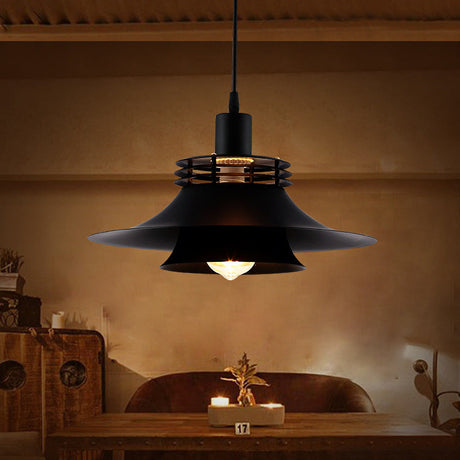 Restaurant Ceiling Light: Wide Flare Pendant Countryside Black Iron | 2-Layer 1 Bulb 12.5’/14’