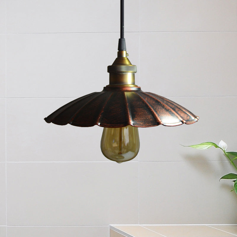 Copper Iron Ceiling Pendant Light With Antiqued Scalloped Drop Design - 1 Bulb 10’/14’/16.5’