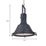 Industrial Ribbed Conical Suspension Light - Metallic Hanging Ceiling Lamp In Black